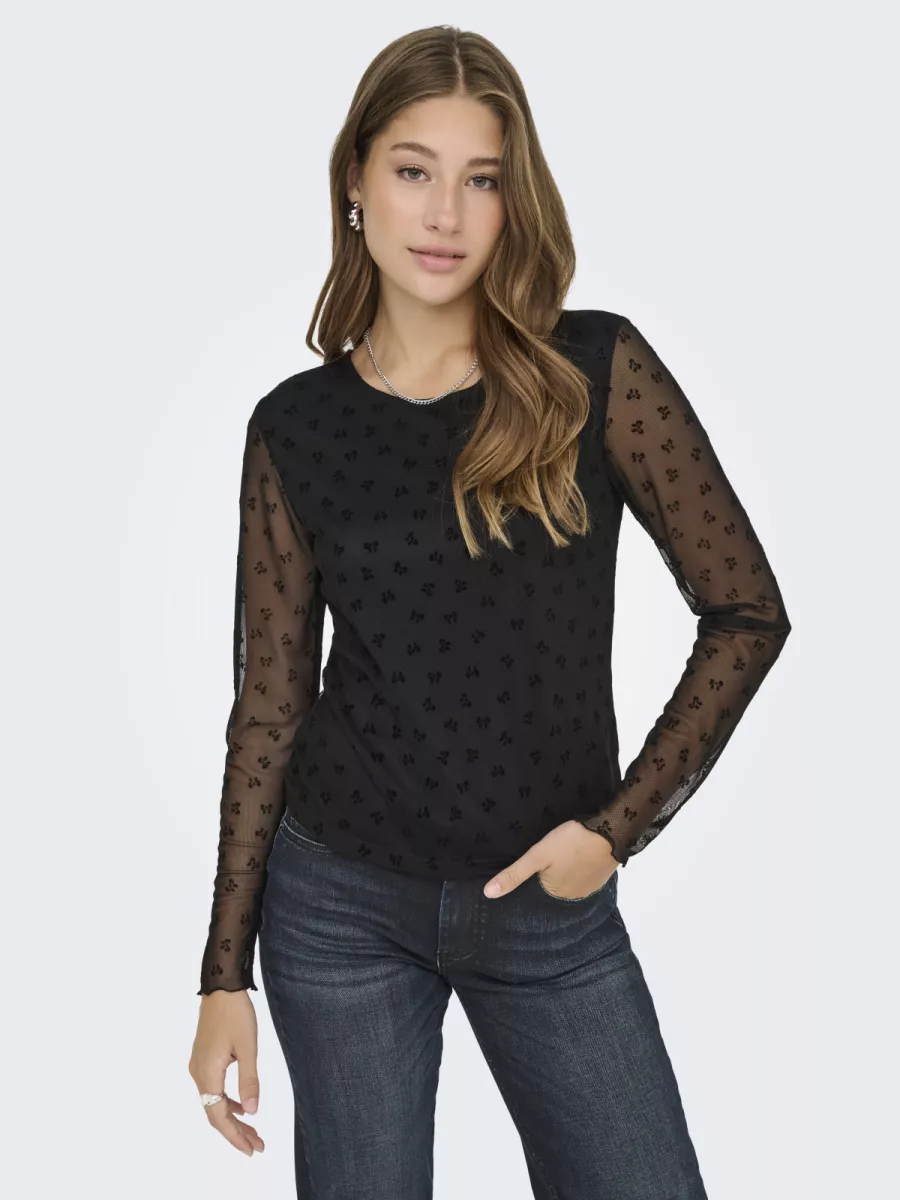 ONLY-ONLSIENA MESH FLOCK L/S TOP WVN-15362924-Black-BLACK