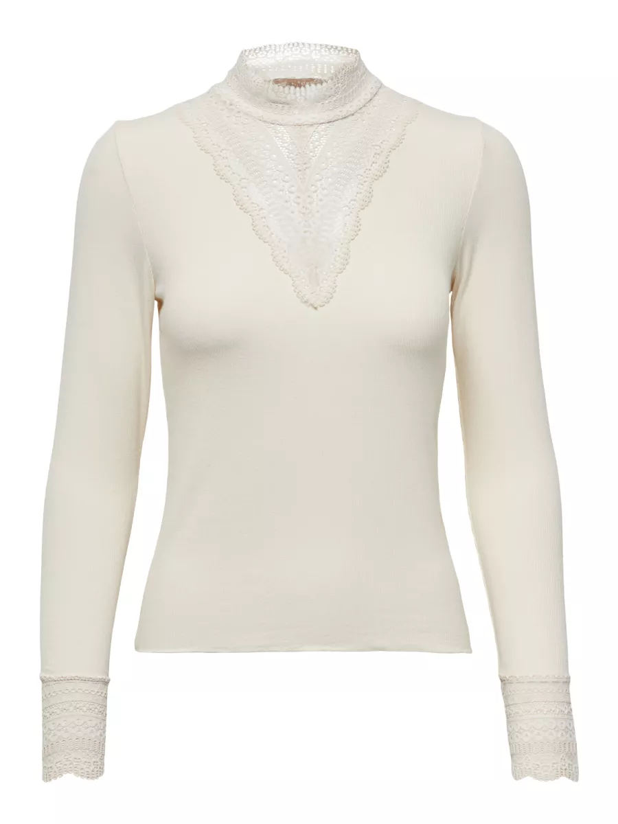 ONLY-ONLTILDE L/S HIGH NECK LACE TOP JRS-15207788-Birch-CREME