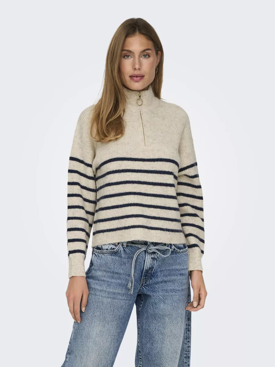 ONLY-ONLTOKYO L/S ZIP PULLOVER KNT NOOS-15282472-Pumice Stone-STONE
