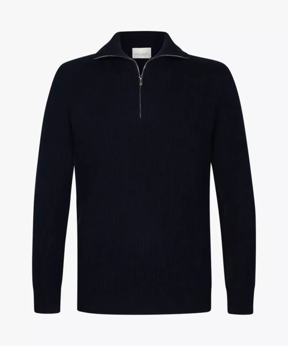 Profuomo-Pullover half zip-PPWJ30025D-P Navy-LICHT BRUIN