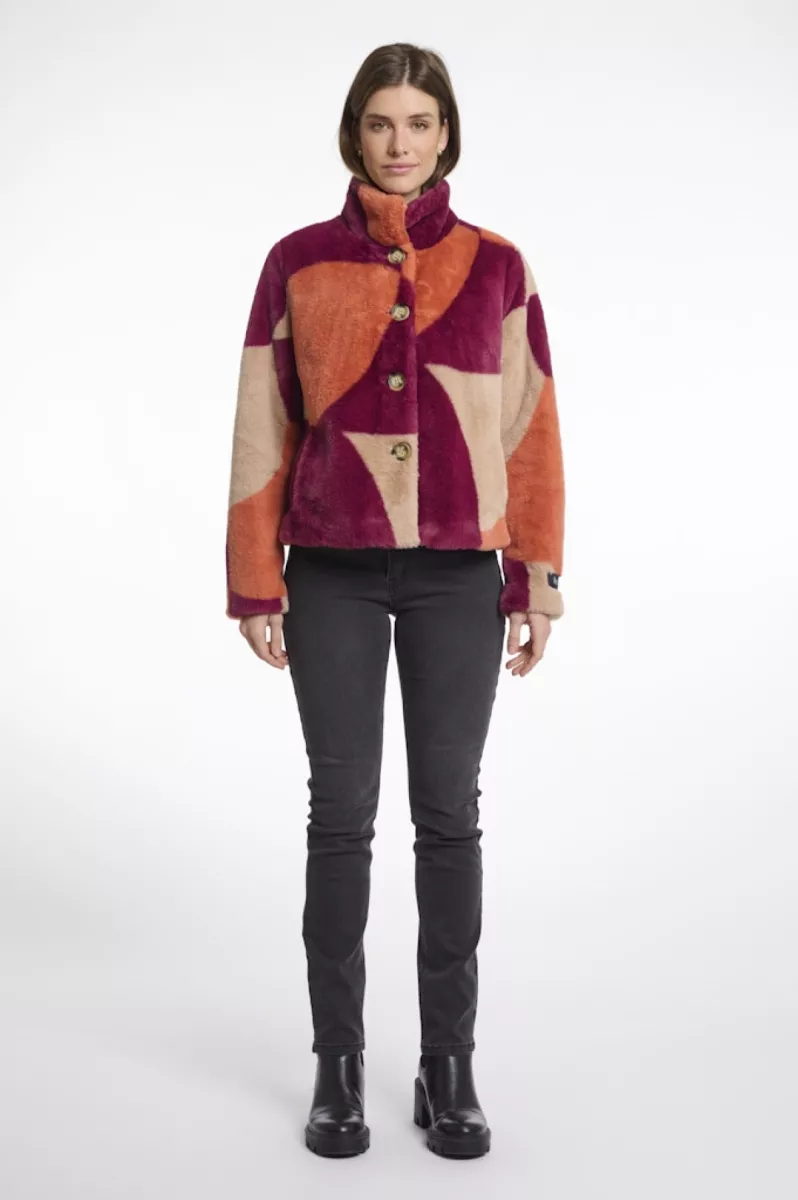RINO & PELLE-Single Breasted Fake Fur Jacket-Vie.7002511-Colourblock-ORANJE COMBINATIES