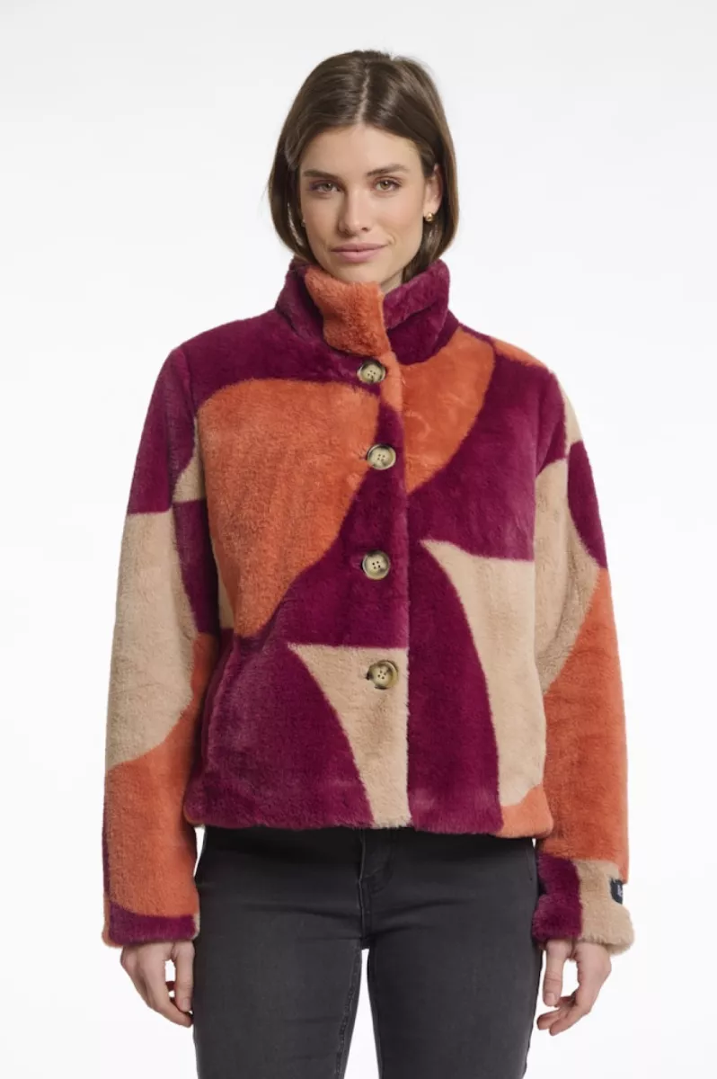 RINO & PELLE-Single Breasted Fake Fur Jacket-Vie.7002511-Colourblock-ORANJE COMBINATIES