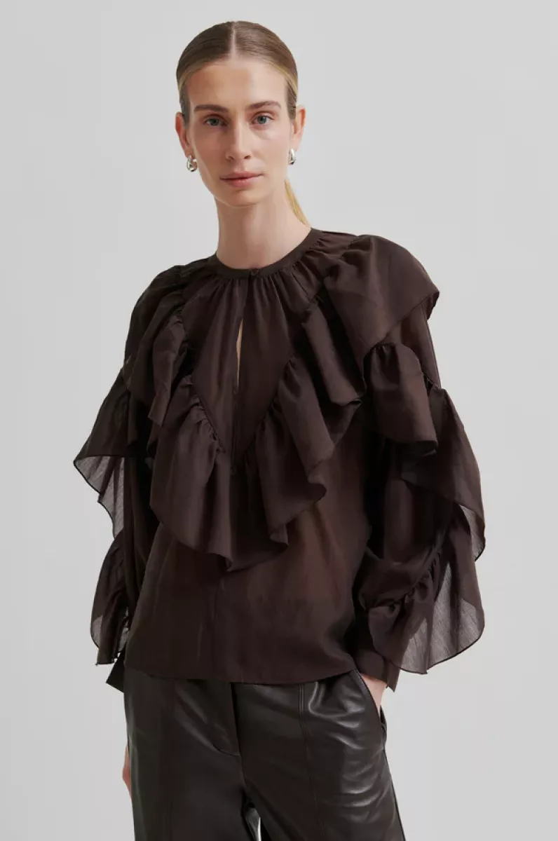 Second Female-Blouse LM-Fria Frill Blouse-6021 Chocolate Plu-CHOCOLADE