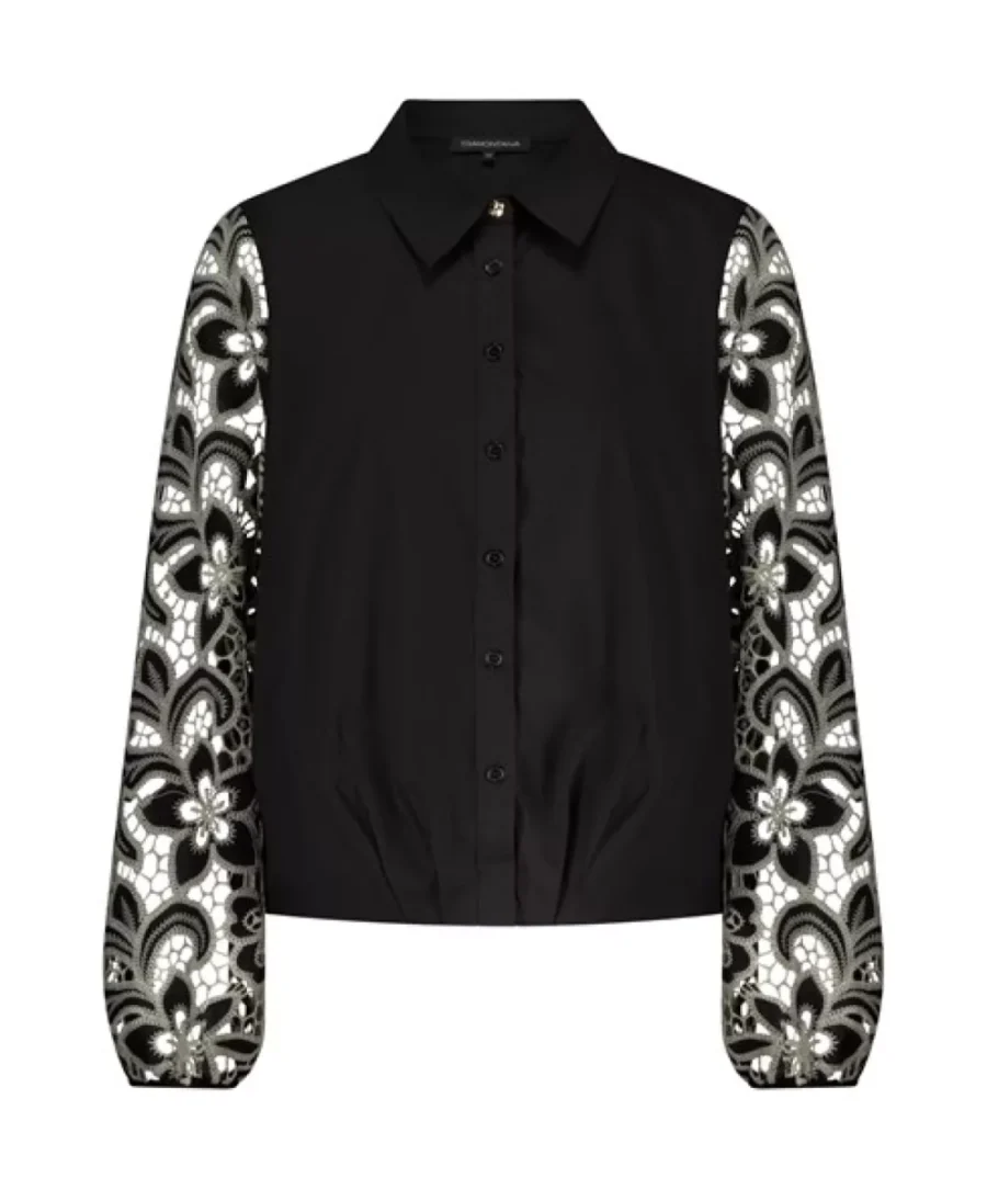 TRAMONTANA-Embroidered sleeve blouse-C24-17-401-009000 Black-BLACK