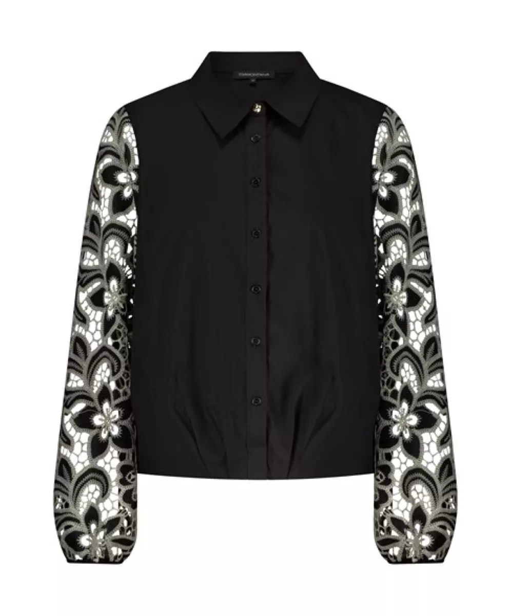 TRAMONTANA-Embroidered sleeve blouse-C24-17-401-009000 Black-BLACK