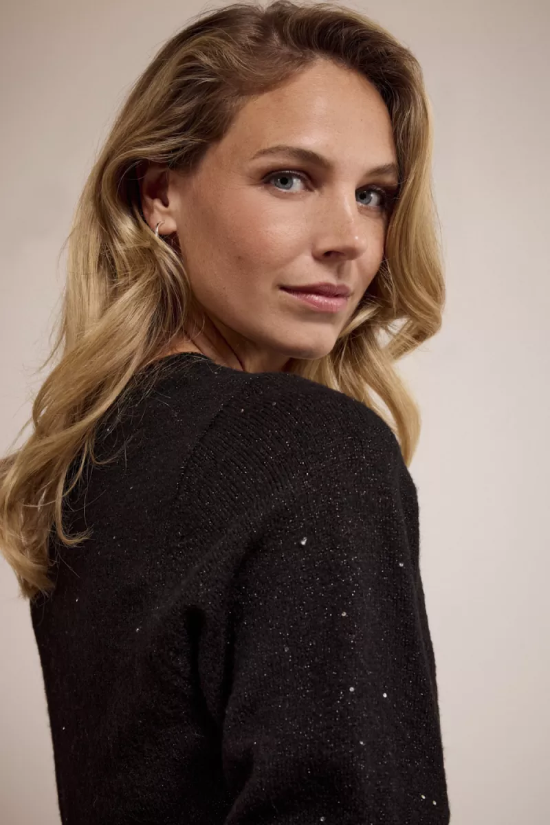 TRAMONTANA-Short sleeve sequin jumper-O02-17-601-009001 Black melange-ZWART