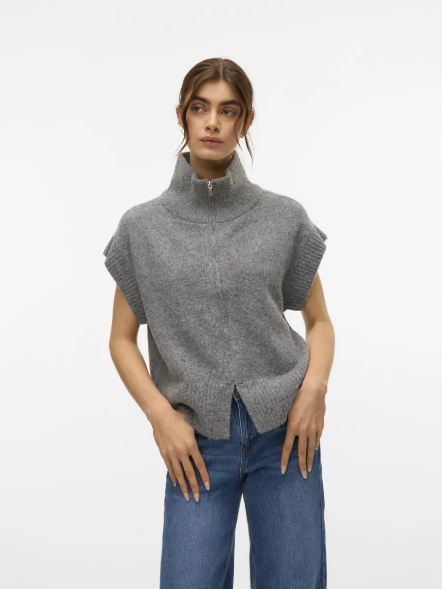 VERO MODA-VMBANG SL HIGHNECK ZIPPER VEST BOO-10331524-Medium Grey Melange-GRIJS MELEE