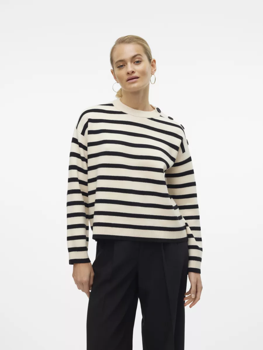 VERO MODA-VMSABA LS O-NECK BUTTON PULLOVER GA-10310474-Birch-CREME