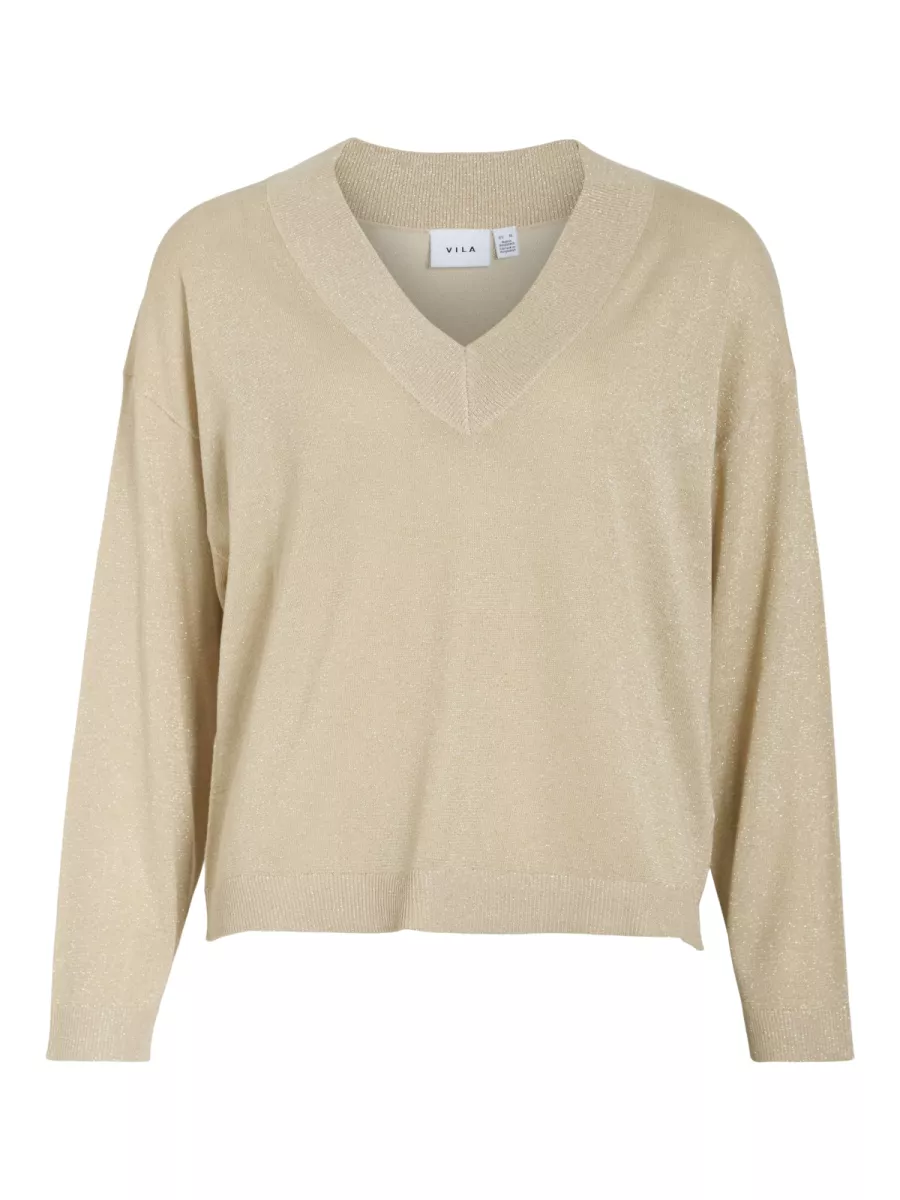 VILA-VIGINNY V-NECK L/S GLITTER KNIT TOP-14110464-Frosted Almond-BRUIN