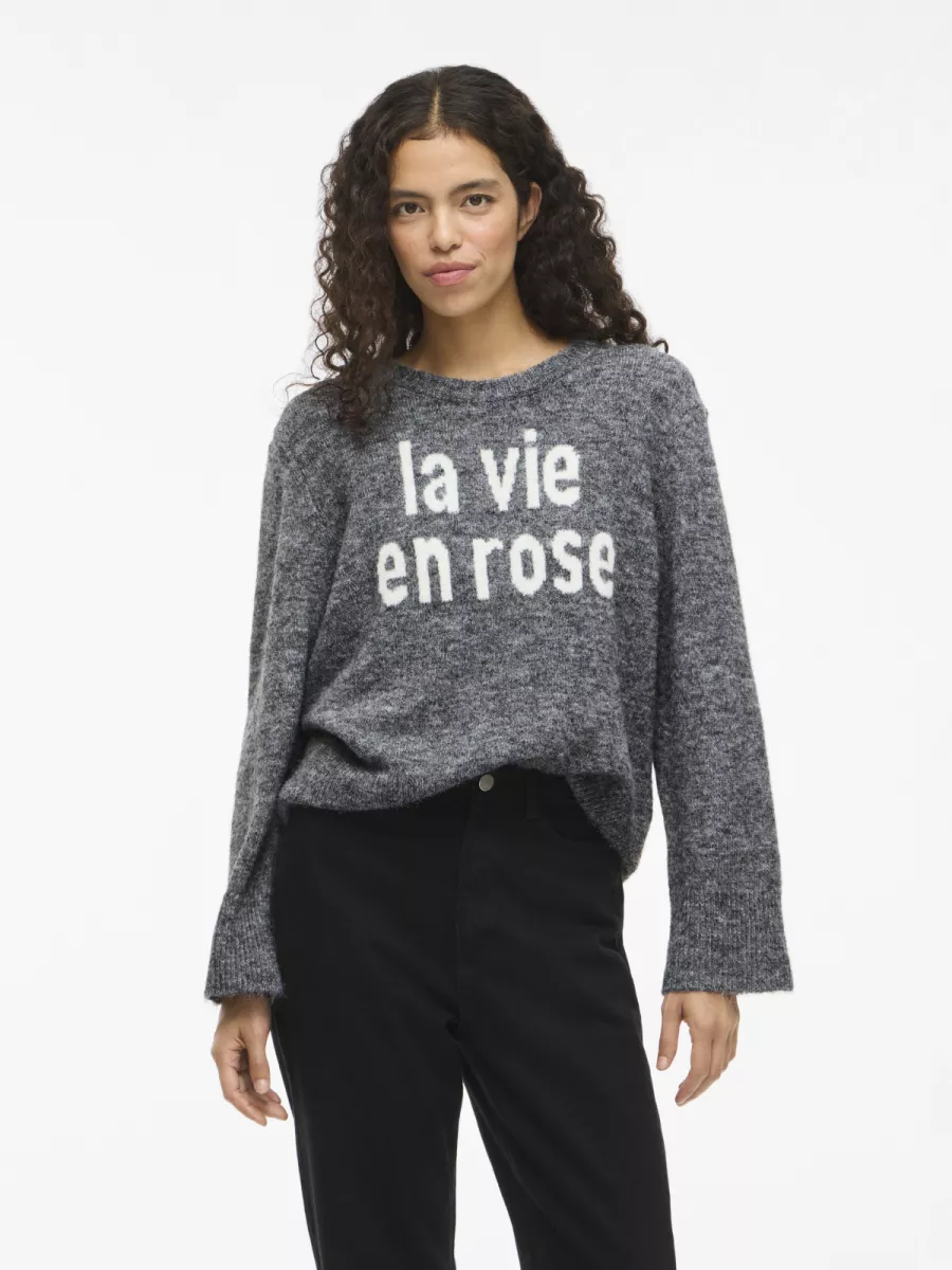 VILA-VIMELIE O-NECK L/S DETAIL KNIT TOP/-14110525-Medium Grey Melange-GRIJS COMBINATIES