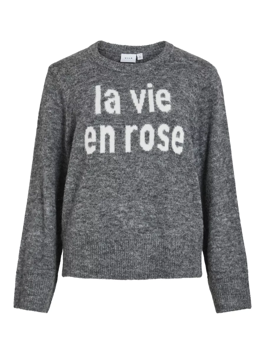 VILA-VIMELIE O-NECK L/S DETAIL KNIT TOP/-14110525-Medium Grey Melange-GRIJS COMBINATIES