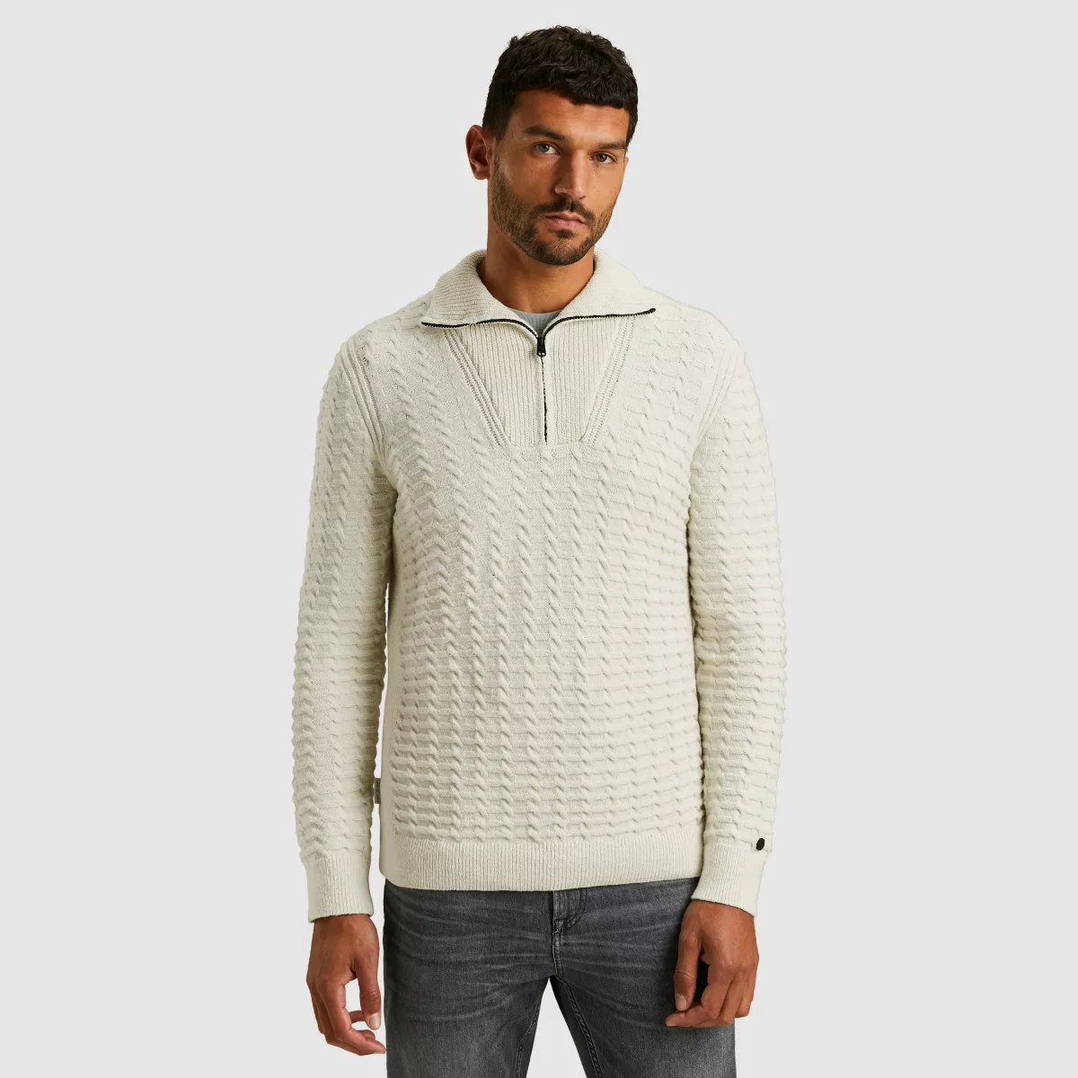 CAST IRON-Half zip collar cotton boucle-CKW2510354-9001 Vaporous gray-GRIJS