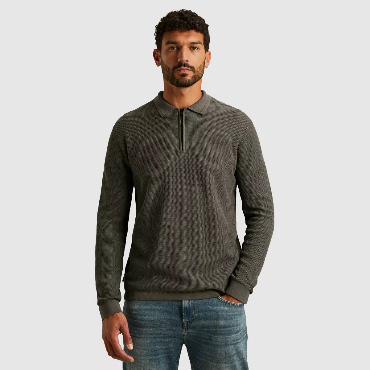 CAST IRON-Long sleeve polo cotton modal-CPS2509822-9133 Granite gray-GRIJS