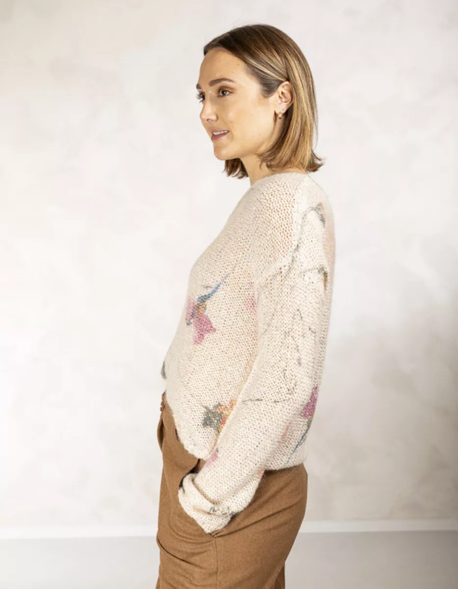 Due Amanti-Printed round neck pullover-Rews-Painted flowers-MULTICOLOR