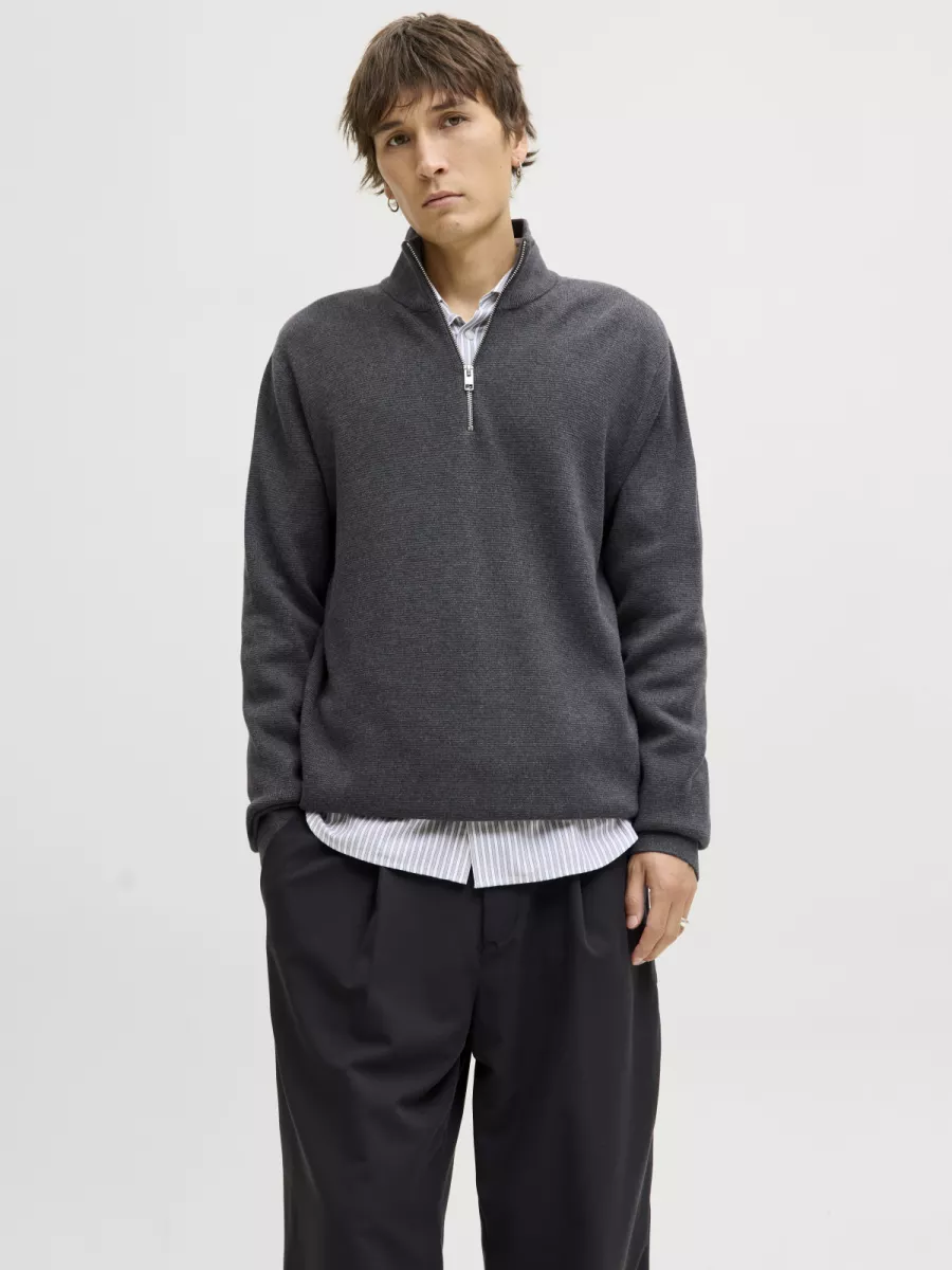 JACK & JONES-JPRBLAMILANO STITCH KNIT HALF ZIP S-12259664-Dark grey melange-DONKER GRIJS/GRAFIET