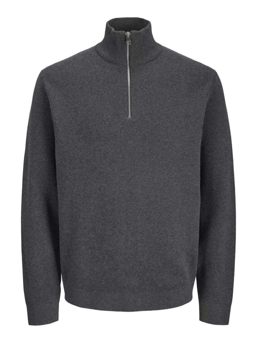 JACK & JONES-JPRBLAMILANO STITCH KNIT HALF ZIP S-12259664-Dark grey melange-DONKER GRIJS/GRAFIET