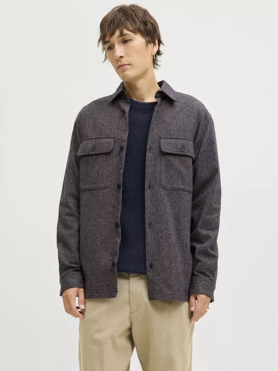 JACK & JONES-JPRRAYLE MELANGE SOLID L/S OVERSHIR-12286840-Black-BLACK