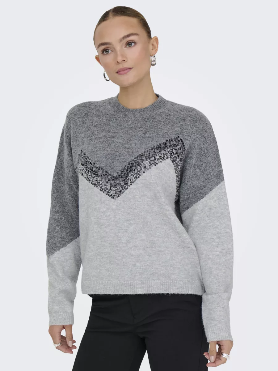JDY-JDYMATILDA LIFE L/S HN SEQUIN PULL-15360123-Dark Grey Melange-DONKER GRIJS/GRAFIET