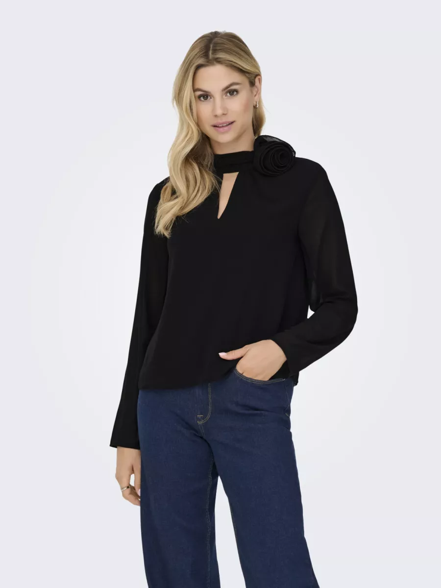JDY-JDYNOMI L/S HIGH NECK ROSE TOP WVN-15361373-Black-BLACK