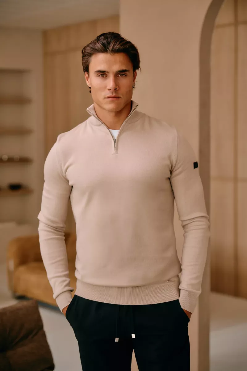 MALELIONS-Malelions men knitted quarter zip-MM3-AW25-23-099 Sand-ZAND