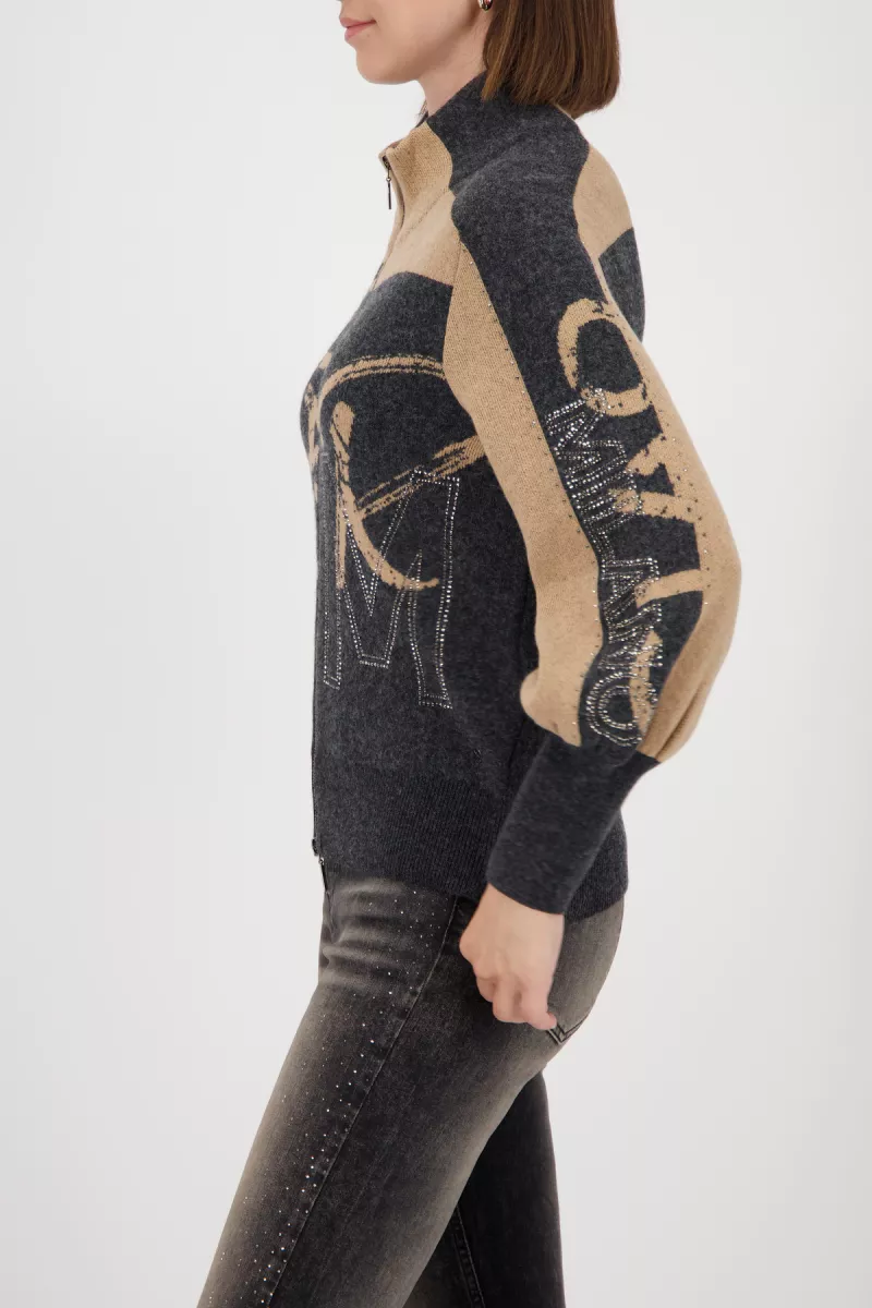 Monari-Cardigan with rhinestones-809555-890 Anthra melange pattern-ANTRACIET
