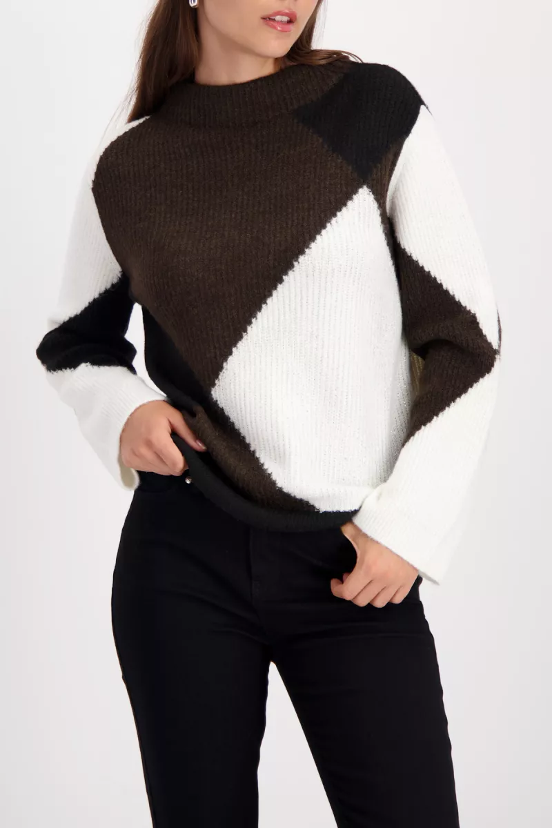 Monari-Knitted jumper with diamond pattern-809478-520 Brownie-BRUIN