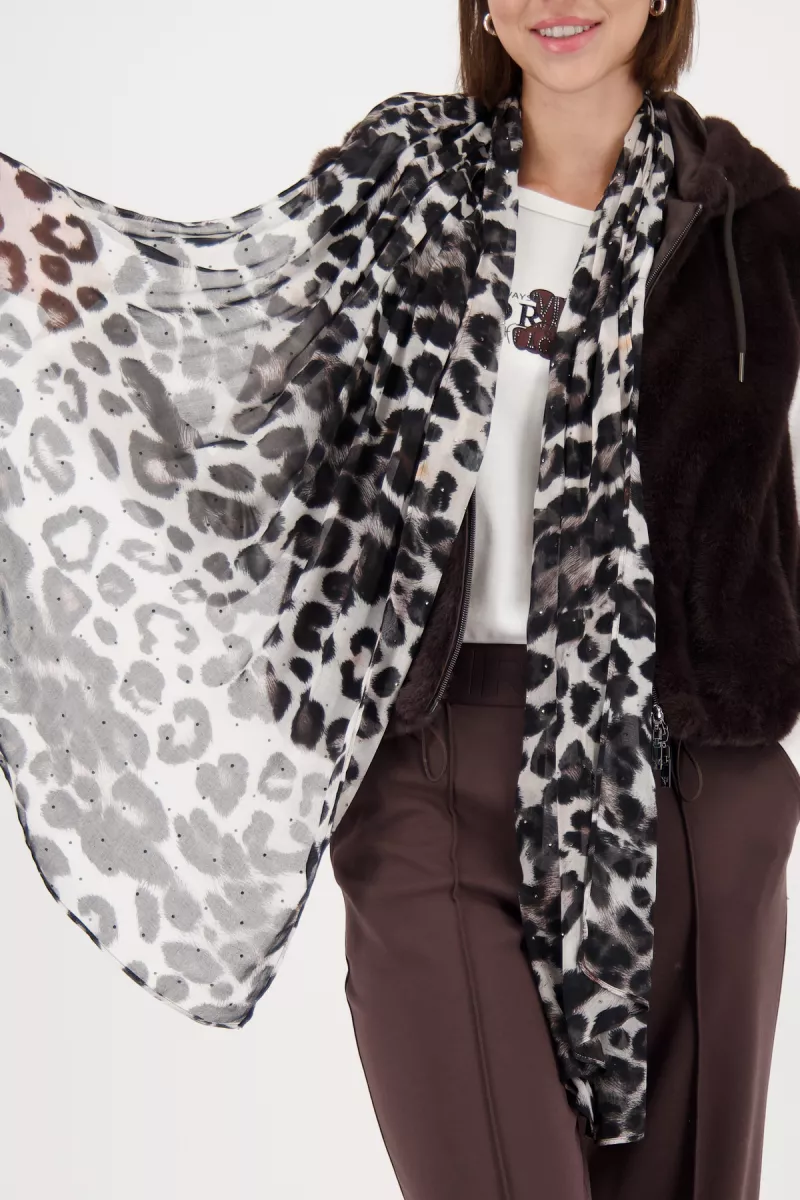Monari-Scarf with leopard print and rhinestones-809676-522 Brownie pattern-BRUIN