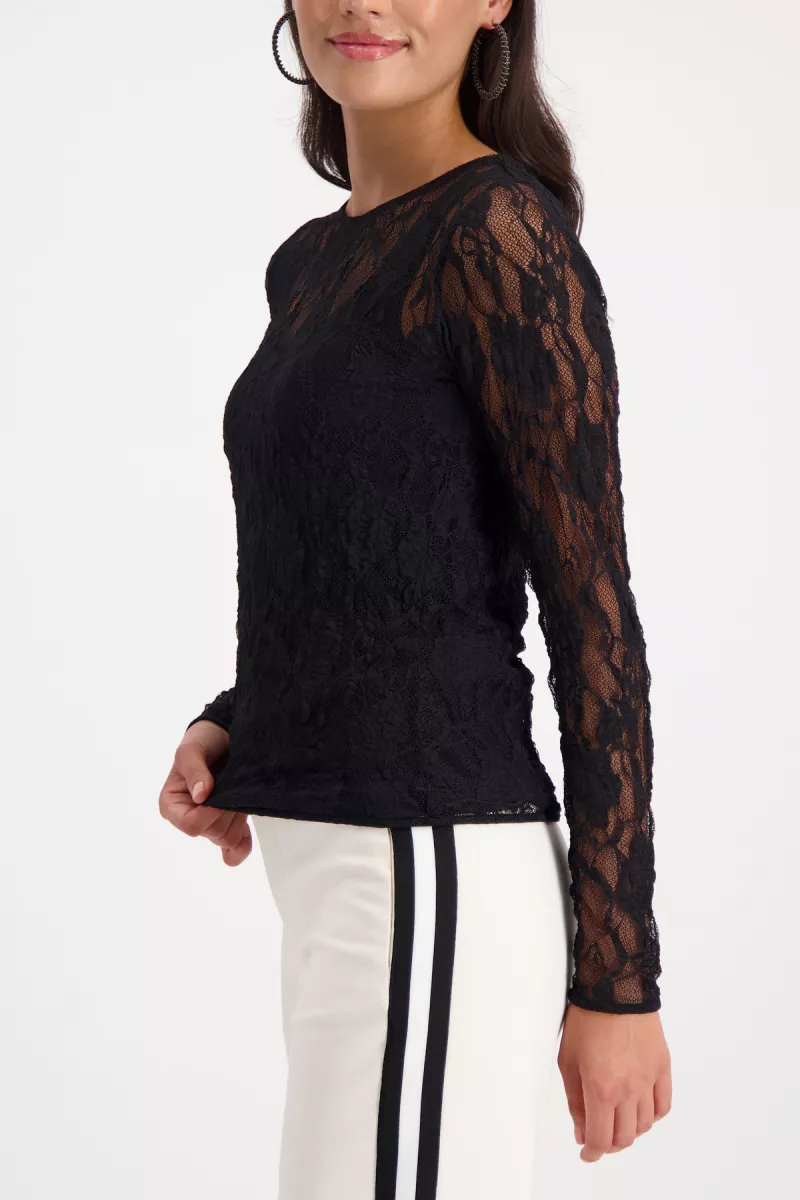 Monari-Transparent long sleeve lace shirt-809446-999 Black-ZWART