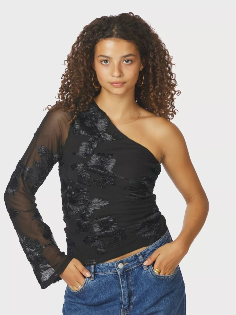 Neo Noir-Friana Big Flower Mesh Blouse-167272-100 Black-ZWART