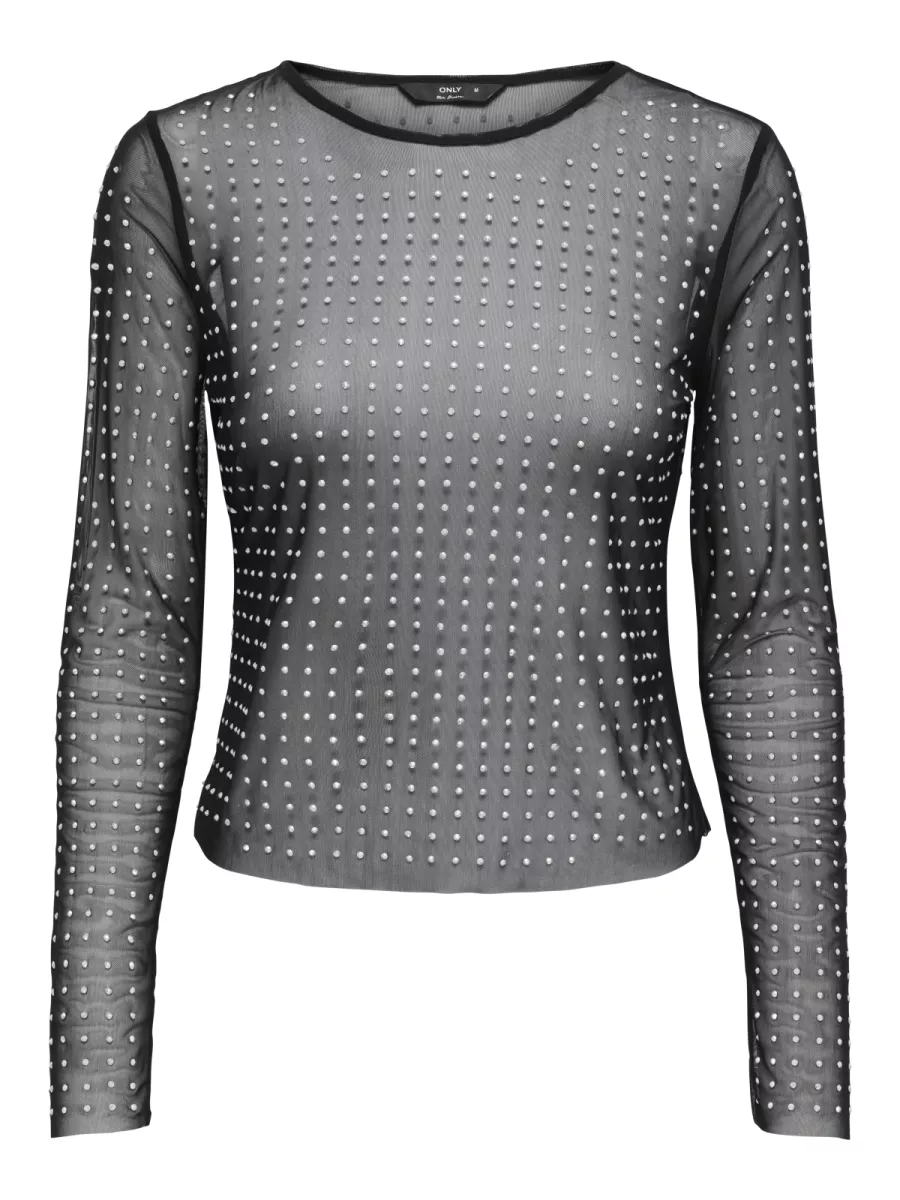 ONLY-ONLHILEN LS RHINESTONE MESH TOP WVN-15358317-Black Rhinestones-BLACK