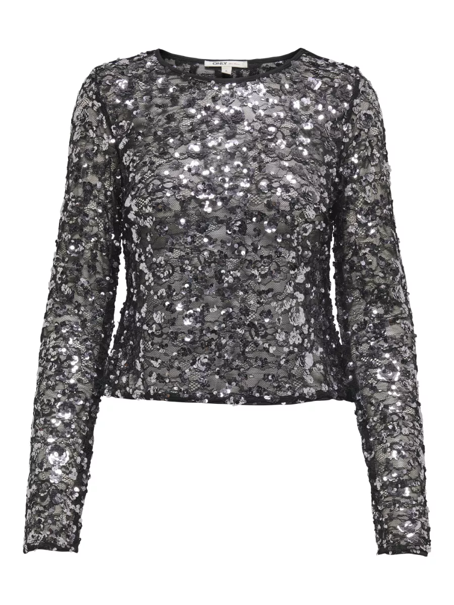 ONLY-ONLPALEMA LS LACE SEQUIN TOP WVN-15359848-Silver Sequins-ZILVER GRIJS