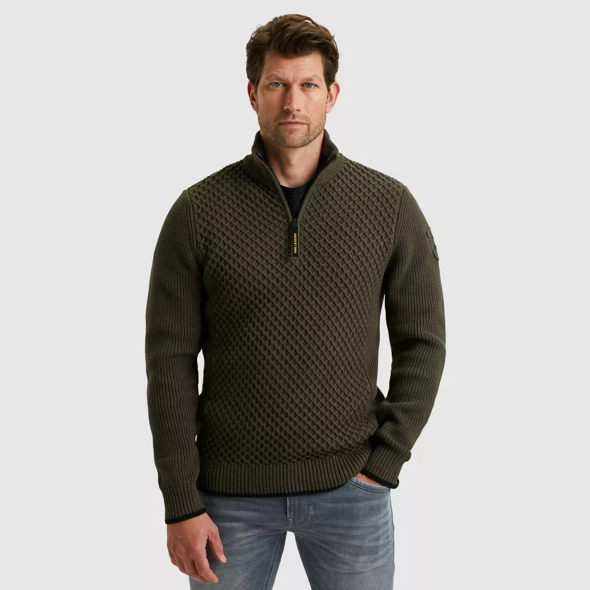 PME LEGEND-Half zip collar cotton mix yarn-PKW2509324-8039 Beluga-BRUIN