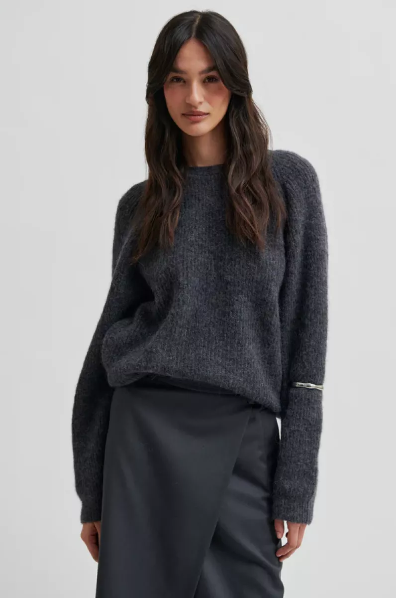 Second Female-Pullover-Flare Knit-7003 Dark Grey Melange-DONKER GRIJS/GRAFIET