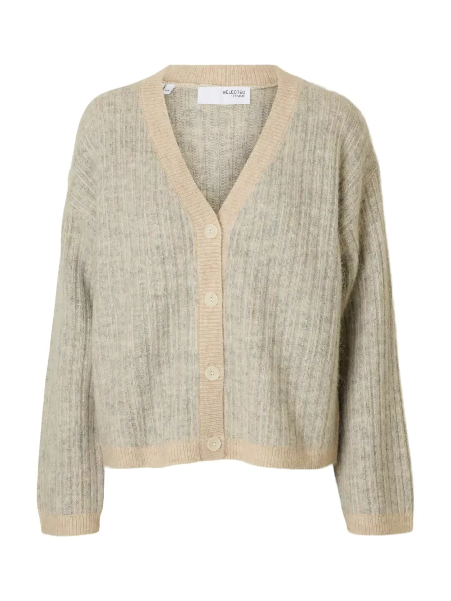 Selected Femme-SLFALVA LS KNIT STRIPE V-CARDIGAN-16099055-Birch-CREME