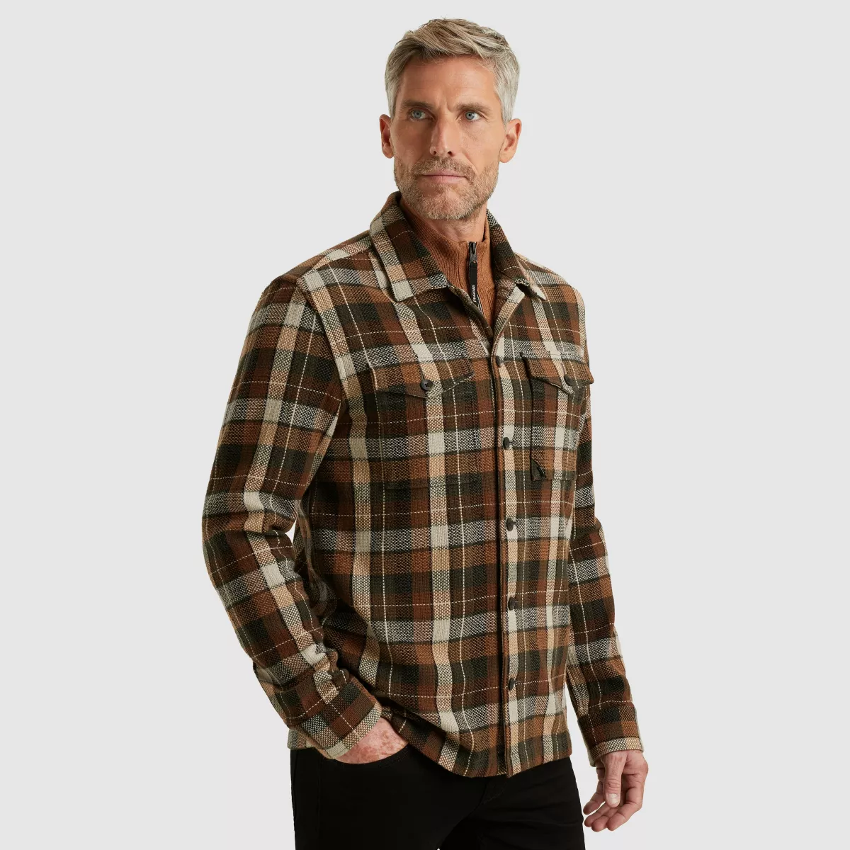 Vanguard-LONG SLEEVE SHIRT Matt weave check-VSI2510256-8122 Pecan brown-BRUIN