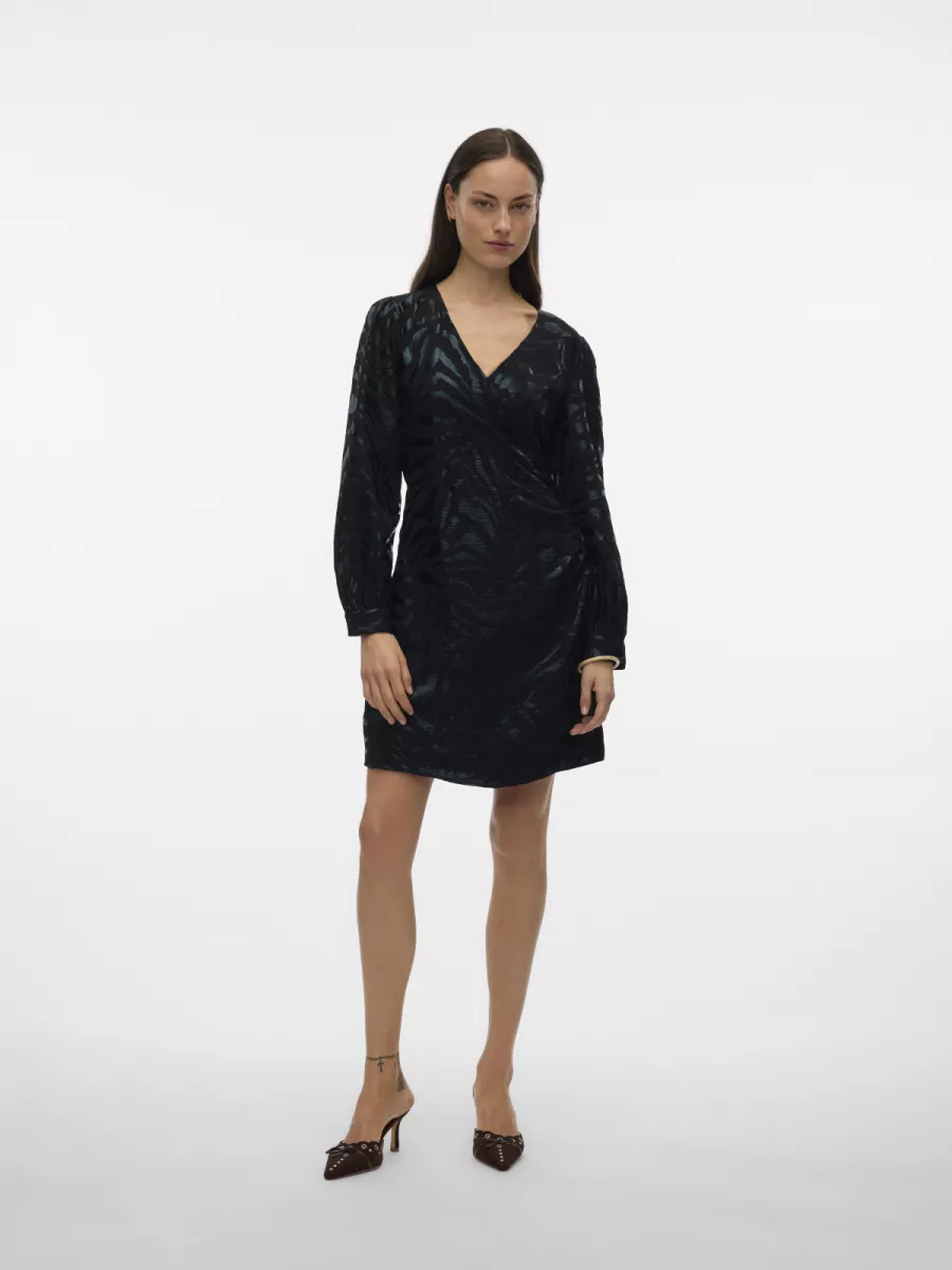 VERO MODA-VMCARLA FOIL L/S SHORT WRAP DRESS W-10335942-Black-BLACK