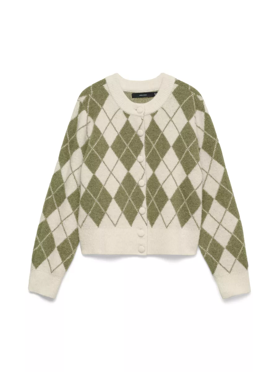 VERO MODA-VMHALO LS O-NECK ARGYLE CARDIGAN EX-10342792-Birch-CREME