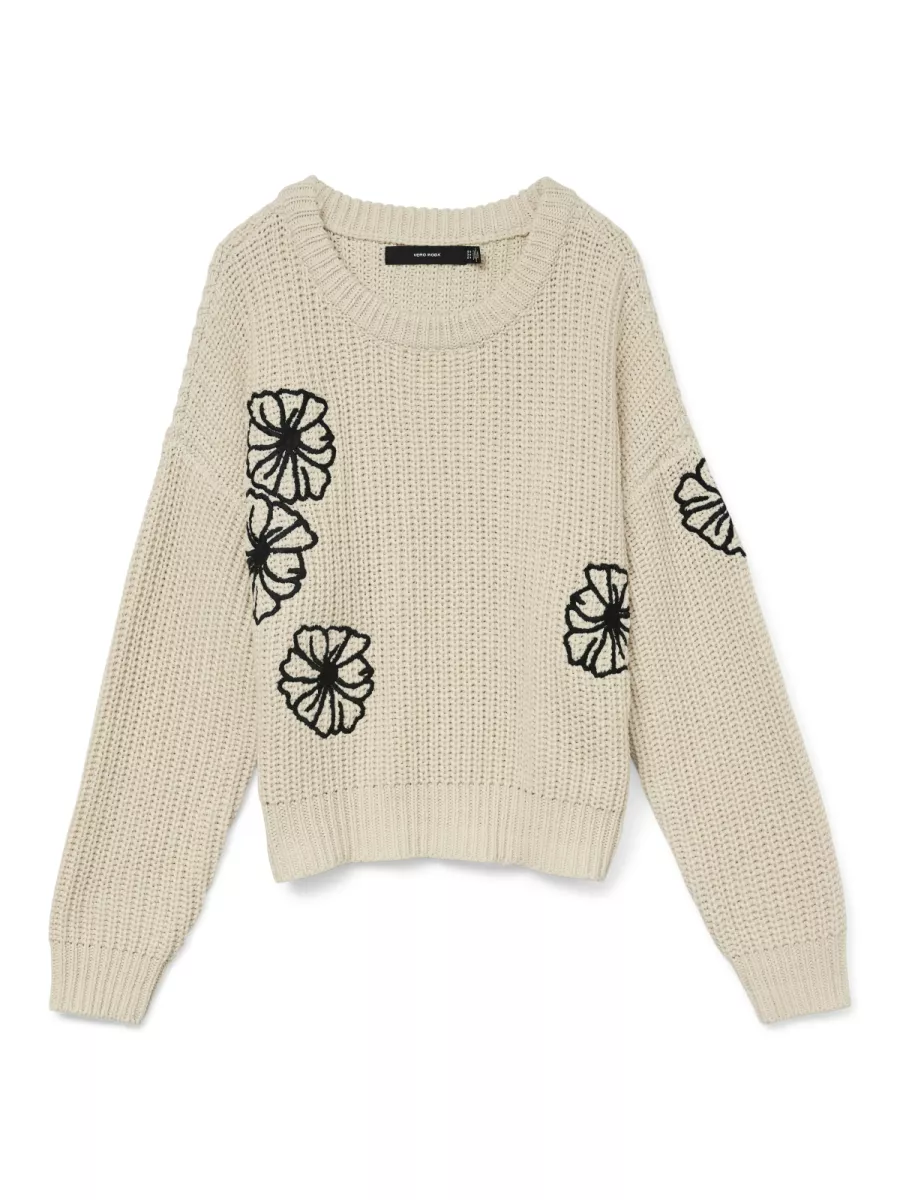 VERO MODA-VMLAURA LS O-NECK PULLOVER BOO-10331444-Birch with Black Detail-WIT COMBINATIES