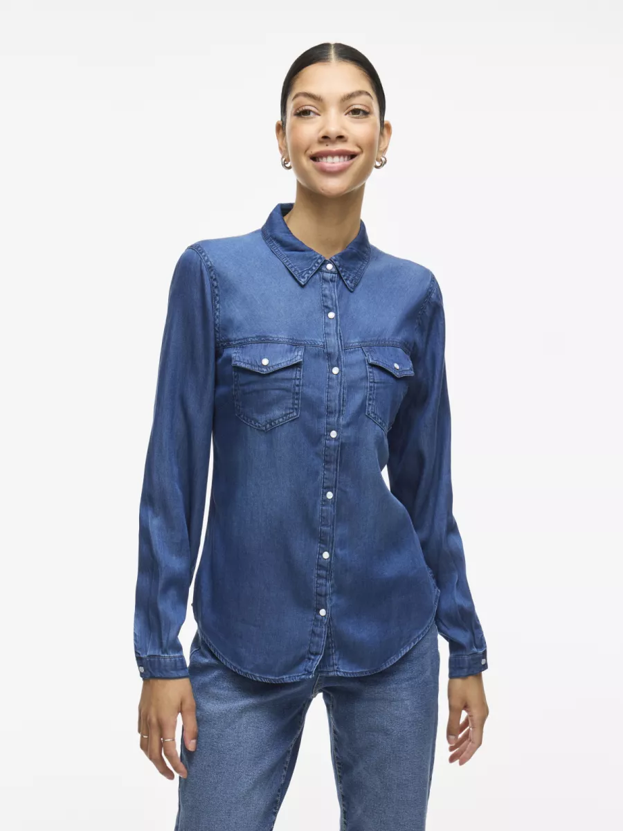 VILA-VIBISTA DENIM SHIRT/SU-NOOS-14033008-Dark Blue Denim-DONKER DENIM