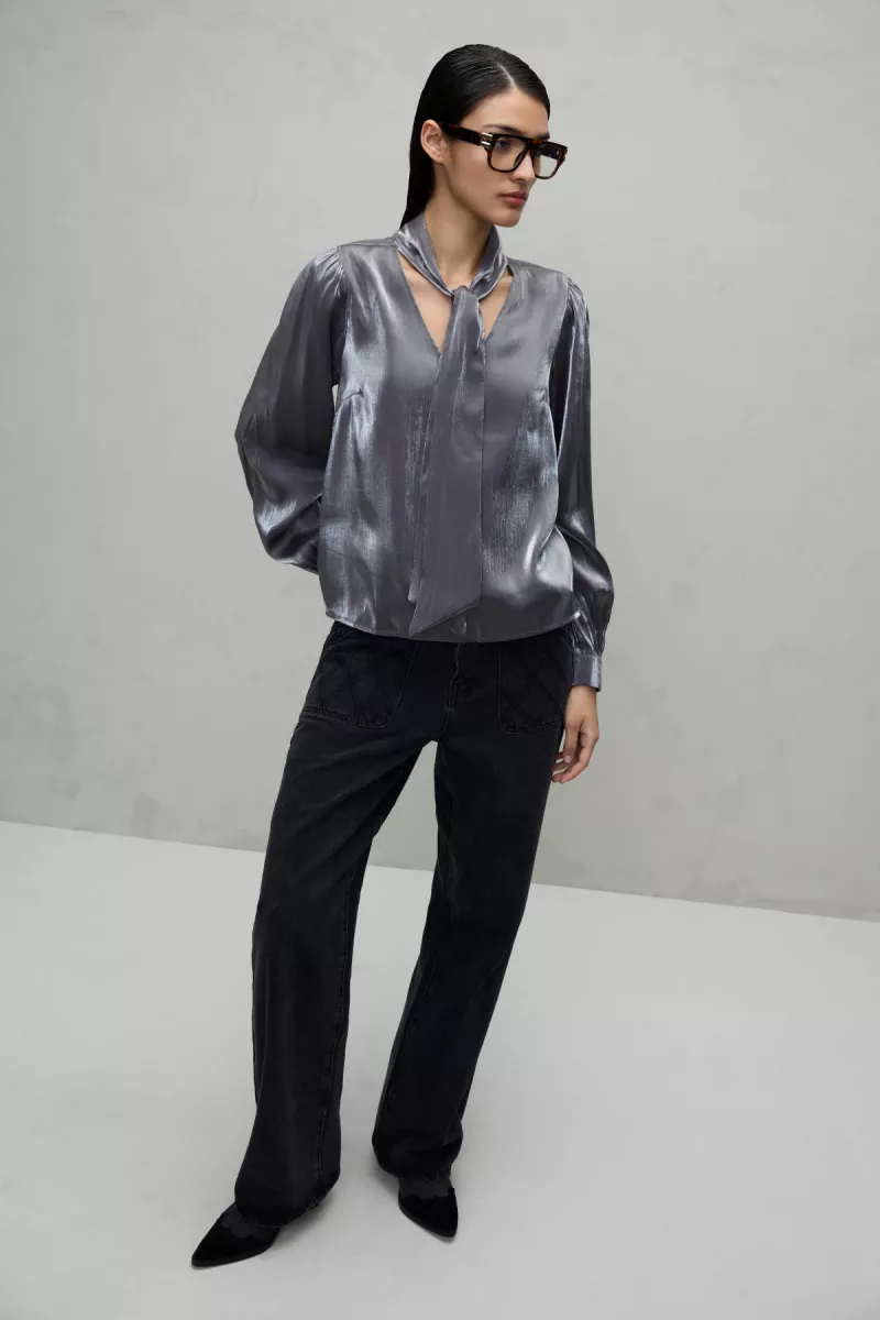 VILA-VIESSA V - NECK TIE L/S SHIMMER SHIRT-14110789-Silver-ZILVER GRIJS