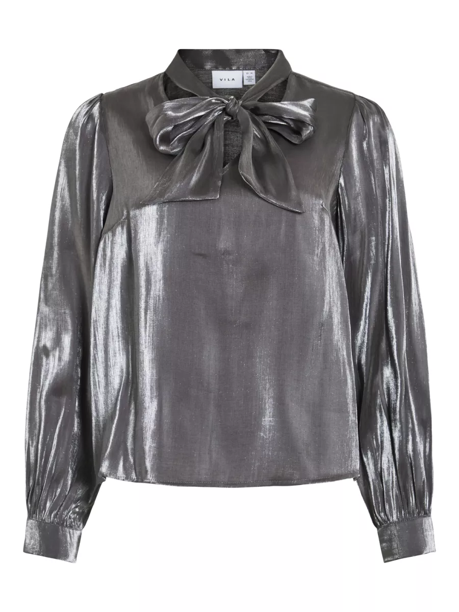 VILA-VIESSA V - NECK TIE L/S SHIMMER SHIRT-14110789-Silver-ZILVER GRIJS
