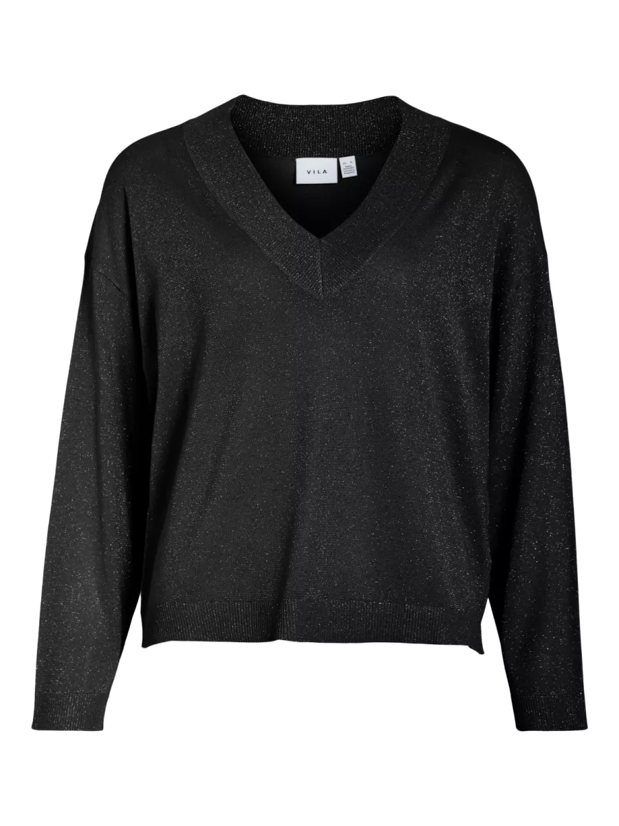 VILA-VIGINNY V-NECK L/S GLITTER KNIT TOP-14110464-Black-BLACK