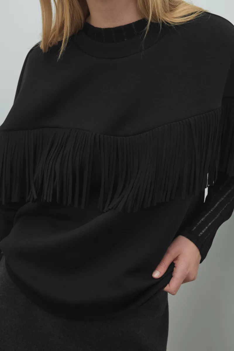 VILA-VIREFLECT L/S O-NECK FRINGE SWEATSH-14109498-Black Beauty-BLACK