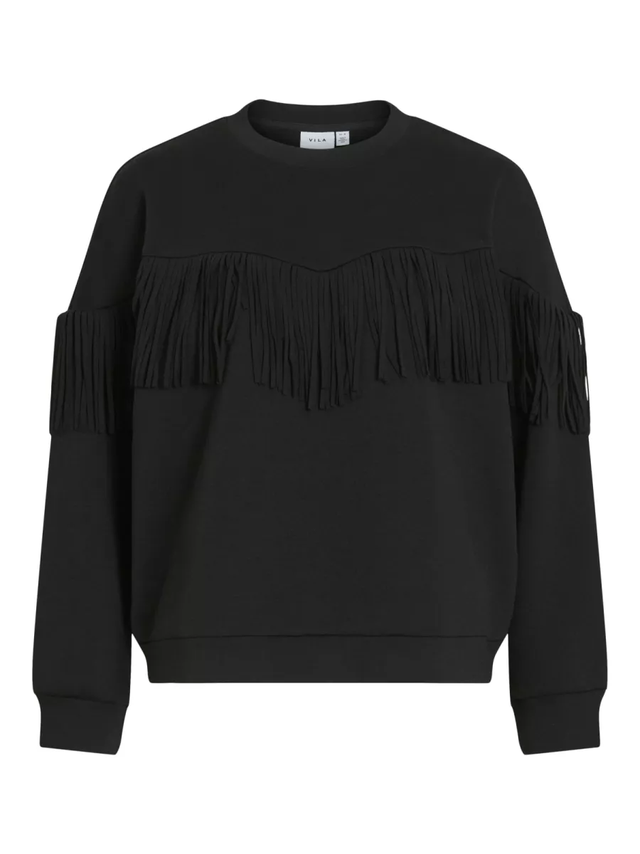 VILA-VIREFLECT L/S O-NECK FRINGE SWEATSH-14109498-Black Beauty-BLACK