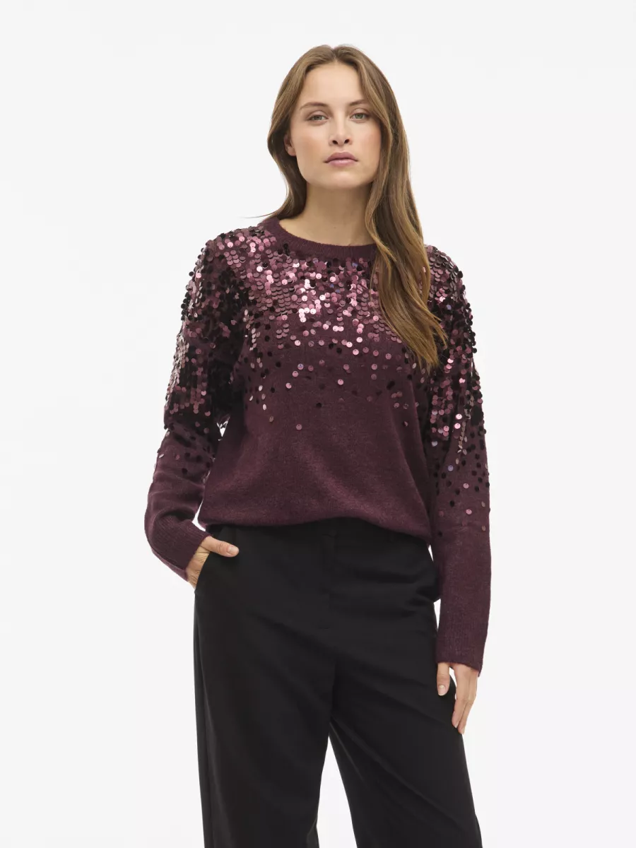 VILA-VISIQUIN O-NECK L/S GLITTER KNIT TO-14111877-Fig-BORDEAUX
