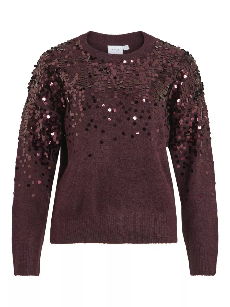 VILA-VISIQUIN O-NECK L/S GLITTER KNIT TO-14111877-Fig-BORDEAUX