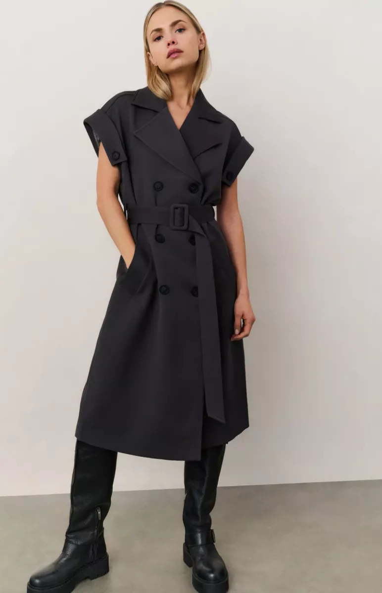YAYA-Lange mouwloze jas met revers en tailleceintuur-01-511041-509-99020 Antracite Melange-ANTRACIET