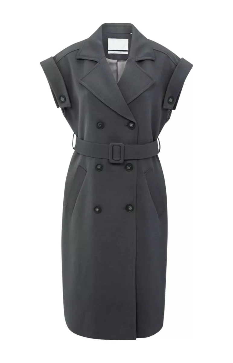 YAYA-Lange mouwloze jas met revers en tailleceintuur-01-511041-509-99020 Antracite Melange-ANTRACIET