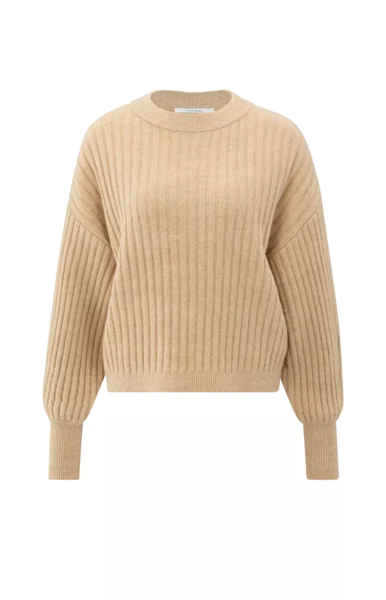 YAYA-Ribbed sweater with round neck; Polyester/Cotton/Wool/Alpaca/Elasta; 99030-01-000538-510-99030-CAMEL
