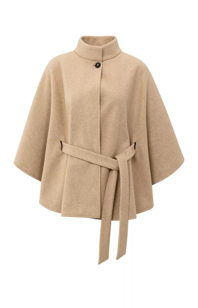 YAYA-Soft woven poncho with collar; Polyester; 990302-03-521004-510-990302-CAMEL